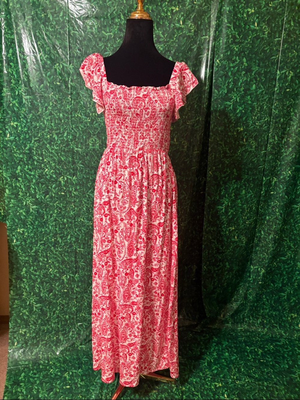Red Paisley Smocked Maxi Dress - Women